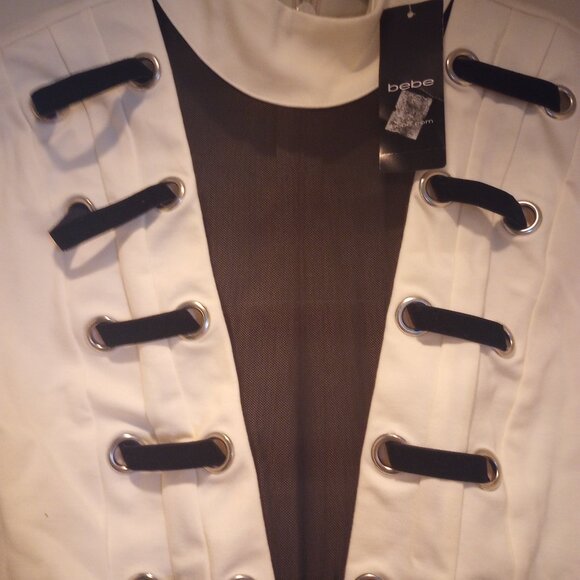 Bebe dress blk & wte long sleeve v sheer front laced mesh mini zip back S Nwt - Picture 4 of 9